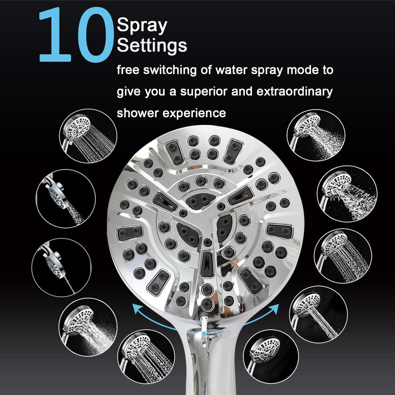 High Pressure Shower Head with Magnetic Back Fixed Base Design,Handheld Showerhead with Hose Set Stainless Steel 59 inches/5 ft 10-Setting 5 inches Large Face,Chrome Finish (Silver) Silver