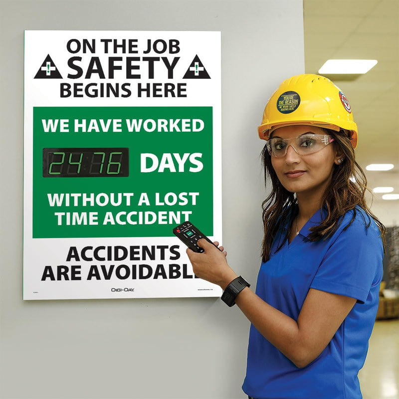 Accuform SCK115 Aluminum Digi-Day Electronic Scoreboard, "ON THE JOB SAFETY BEGINS HERE - WE HAVE WORKED #### DAYS WITHOUT A LOST TIME ACCIDENT - ACCIDENTS ARE AVOIDABLE"