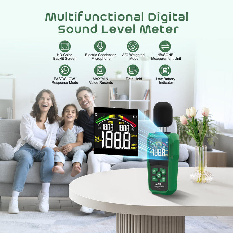 [Australia - AusPower] - Decibel Meter, SQECH Sound Level Meter with Coloured Backlit Screen, dB Meter with A/C Rating, dB/SONE Units, Fast/Slow Response, Range 30-130dB 