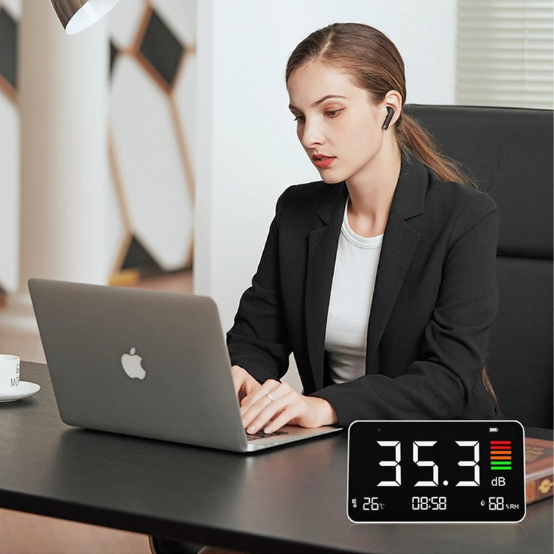 [Australia - AusPower] - 5-in-1 Decibel Meter,Digital Sound Level Meter 30-130db with LCD Display,8.5inch Noise Time Temperature Humidity Meter for Classroom, Studio, Home, Factory 