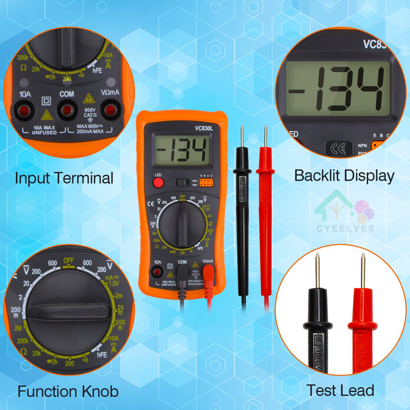 [Australia - AusPower] - Digital Multimeter, Multimeter with AC DC Voltmeter & Ohm Volt Amp Tester, Multifunction Battery Tester, Pocket Meter with Backlight Tests Wire, Voltage Tester Measure Voltage Current Resistance Diode Orange 