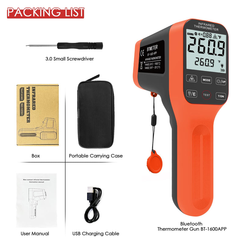 [Australia - AusPower] - Digital Infrared Thermometer Gun 30:1, BTMETER Dual Laser IR Temperature Gauge BT-1600APP Measure High Temp -58℉ to 2912℉ with Data Logging for HVAC Kiln Forge Oven Pizza Cooking(Not for Human) 