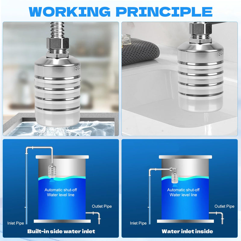Float Valve with 1/2", 3/4", 1" Adapters -304 Stainless Steel Water Float Valve Fully Automatic Water Level Control for Water Tanks, Aquariums, Livestock Troughs,Pools,Distillers & Ponds