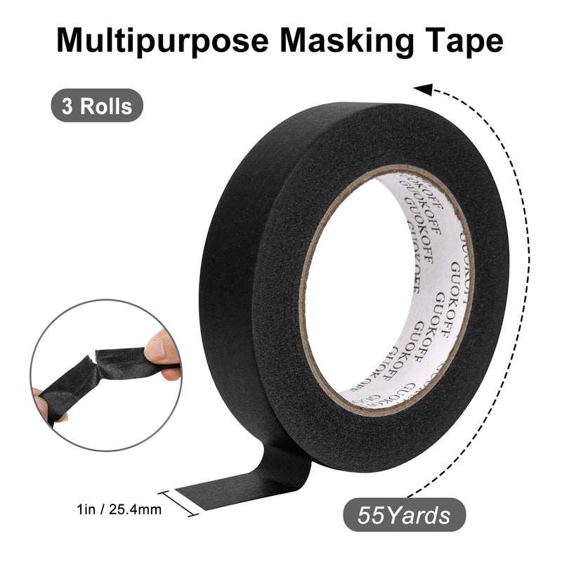 Black Masking Tape, 1 Inch x 55 Yards x 3 Rolls, Black Painters Tape, General Purpose Painting Adhesive Tape for Arts DIY Crafts Labeling