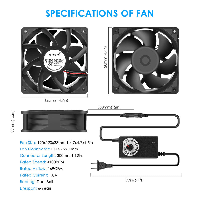 High cfm Computer Fan 120mm x 38mm 110V 220V AC Powered Variable Speed Fan Cooling Components for Receiver Xbox DVR PlayStation Mining Rig Case Server Cabinet Grow Tent GPU Workstations 4.7x4.7x1.5in