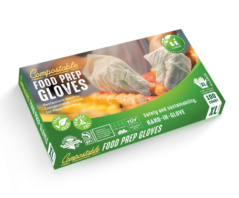 UNNI Compostable Food Prep Gloves, For Food Handling, ASTM D6400, US BPI, CMA & Europe OK Compost Certified Medium 100 Count (Pack of 10)
