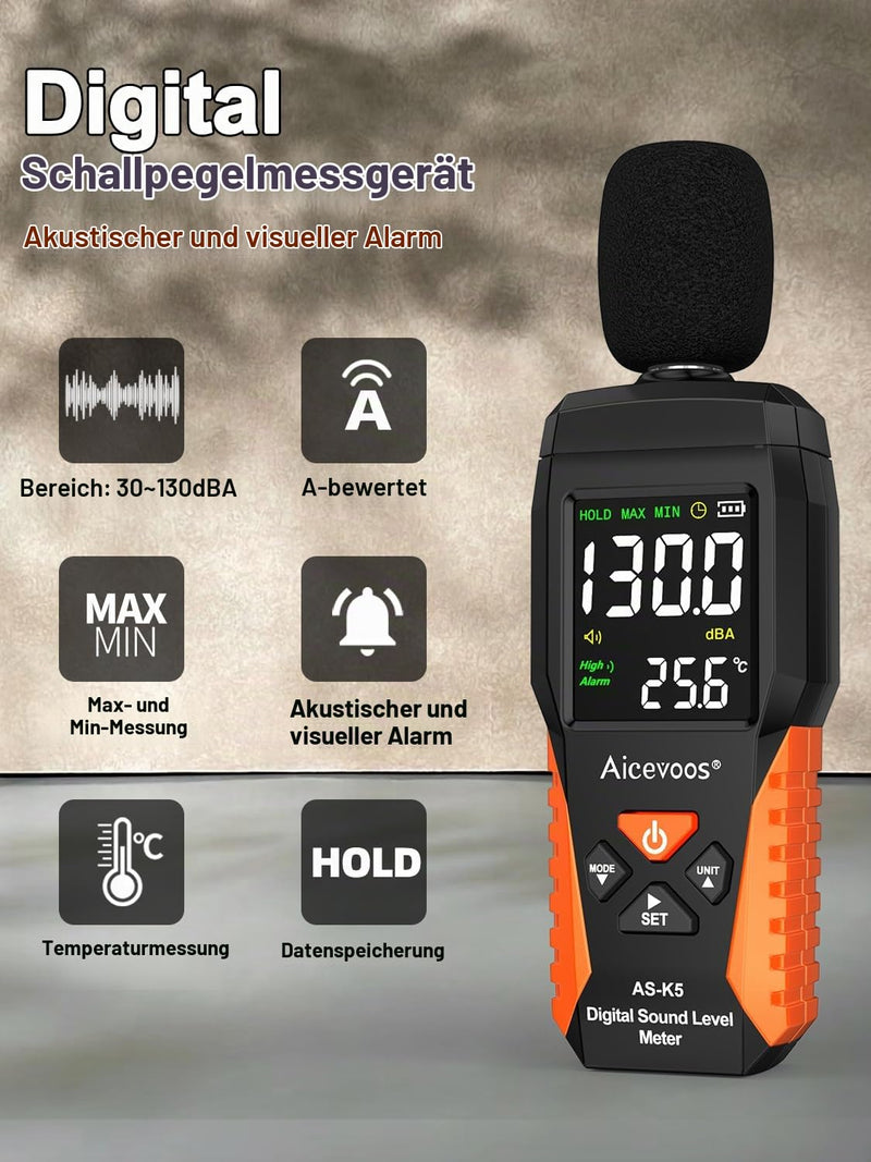 Dezibel Meter dB Meter Sound Level Meter Noise Level Meter 30~130 dB Acoustic and Visual Alarms, A Weighted, MAX/MIN Noise Measurement (18 cm) 18cm