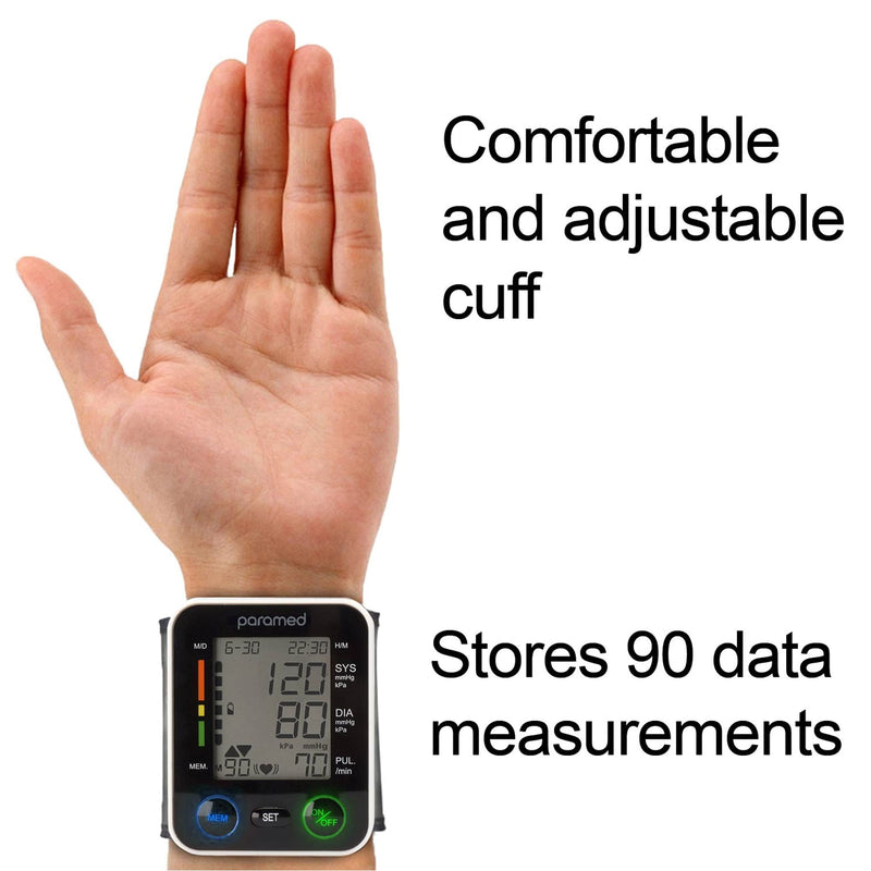 [Australia - AusPower] - PARAMED Automatic Wrist Blood Pressure Monitor: Blood-Pressure Kit of Bp Cuff + 2AAA and Carrying case - Irregular Heartbeat Detector & 90 Readings Memory Function & Large Display 
