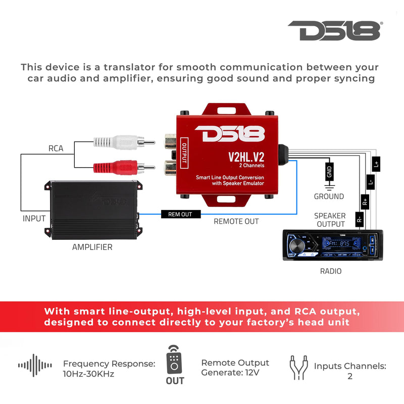 DS18 V2HL.V2 Hi/Lo Converter 2-Channel with Speaker Emulator - High-Level Speaker Signal to Low-Level - Smart line Output 2CH High-Level Input and 2CH RCA Output