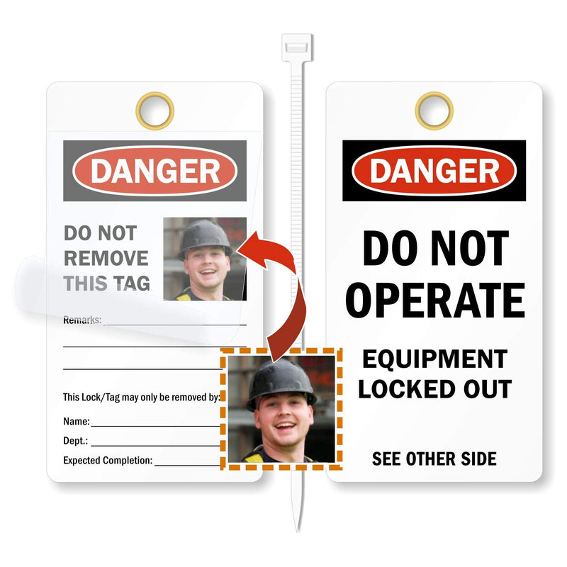 SmartSign Do Not Operate - Equipment Locked Out 2 - Sided Photo Lockout Tag | 6" x 3.25" Vinyl with Self-Laminating Clear Flap, Pack of 25