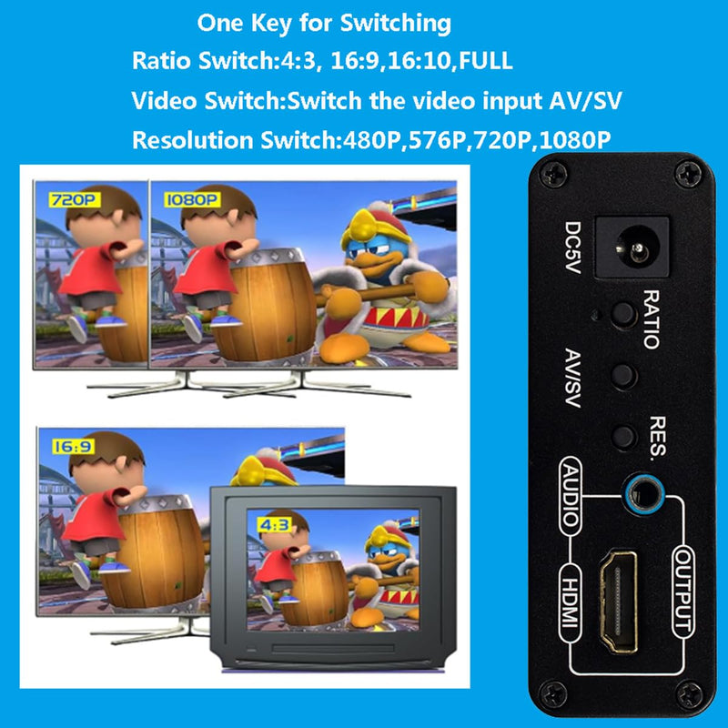 3RCA AV CVBS Composite & S-Video R/L Audio to HDMI Converter Adapter with 4 : 3/16 : 9 Aspect Ratio Switch /3.5mm Audio / 480P/576P/720P/1080P Output Switch for VHS/VCR/DVD Player to View on HDMI TVs