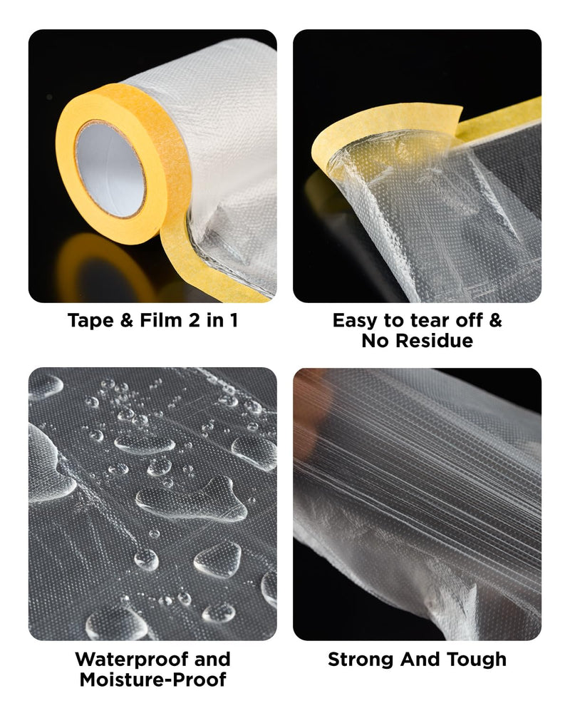 InoKraft Pre-Taped Masking Film for Painting, Painters Plastic Sheeting with Automotive Paint Tape and Drape for Covering Cars, Walls, Windows and Furniture Protection (22" x 66', 3 Rolls)