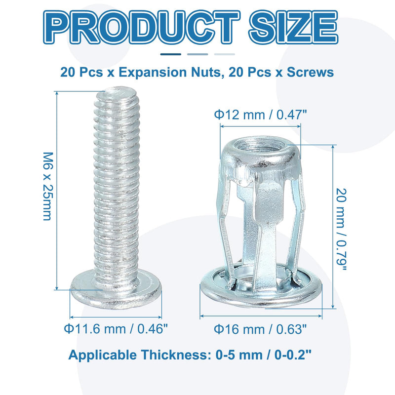 [Australia - AusPower] - PATIKIL Expansion Screw Petal Nuts M6 x 25mm, 20 Pcs Jack Nut Carbon Steel Petal Shape Rivet Nut Insert Nuts Fasteners with Screws Assembly for Hollow Wall Thin Soft Wall Iron Skin 