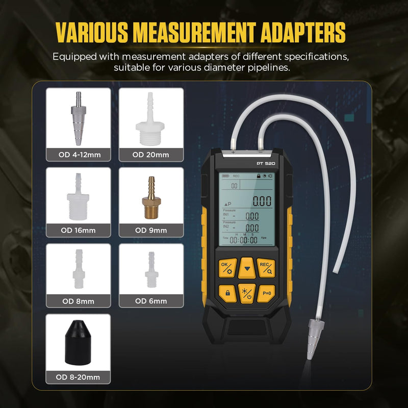 [Australia - AusPower] - PT520 Digital Manometer,Air and Gas Pressure Tester,Dual Port Air Pressure Meter,HVAC Gas Pressure Tester with 11 Selectable Units, Various Adapters, -100~200 Kpa 