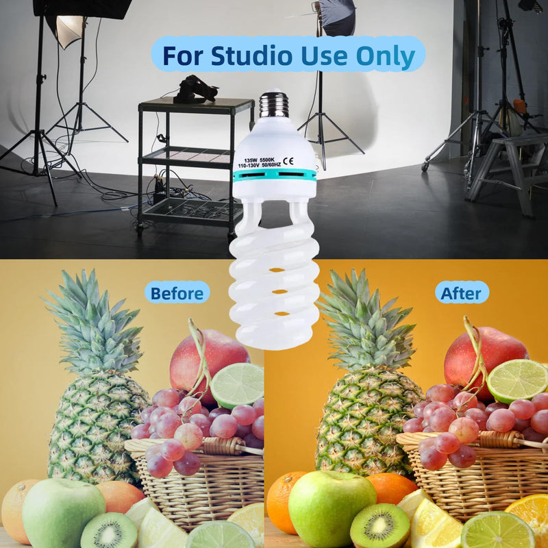 2Pcs 135W Light Bulb 5500K CFL Roas Daylight Spiral Softbox Lighting Kit Bulb in E27/E26 Socket for Photography Photo Box