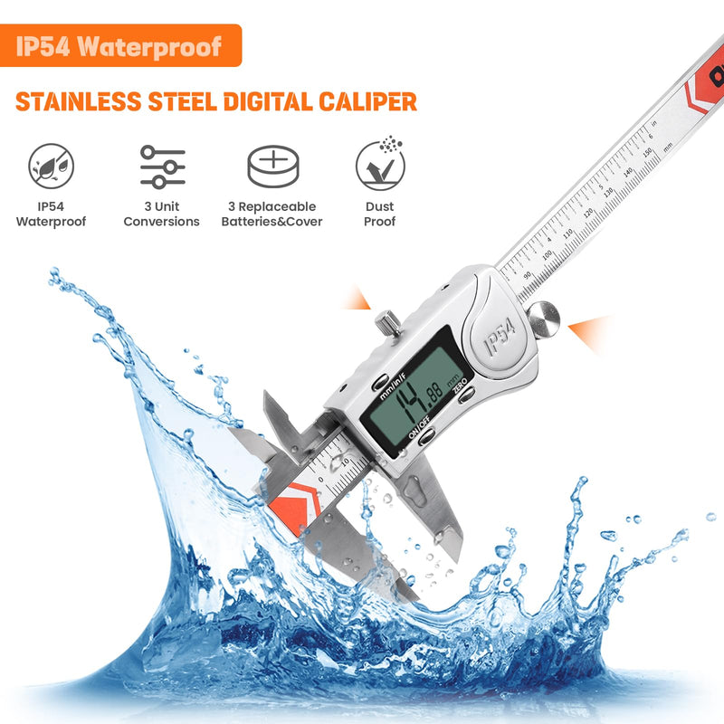 [Australia - AusPower] - HARDELL Digital Caliper, IP54 Waterproof Caliper Measuring Tool with 3-Batteries & Extra Cover, All Stainlee Steel Vernier Caliper Digital Micrometer, Inch/MM/Fraction for DIY/Household/3D-printing 
