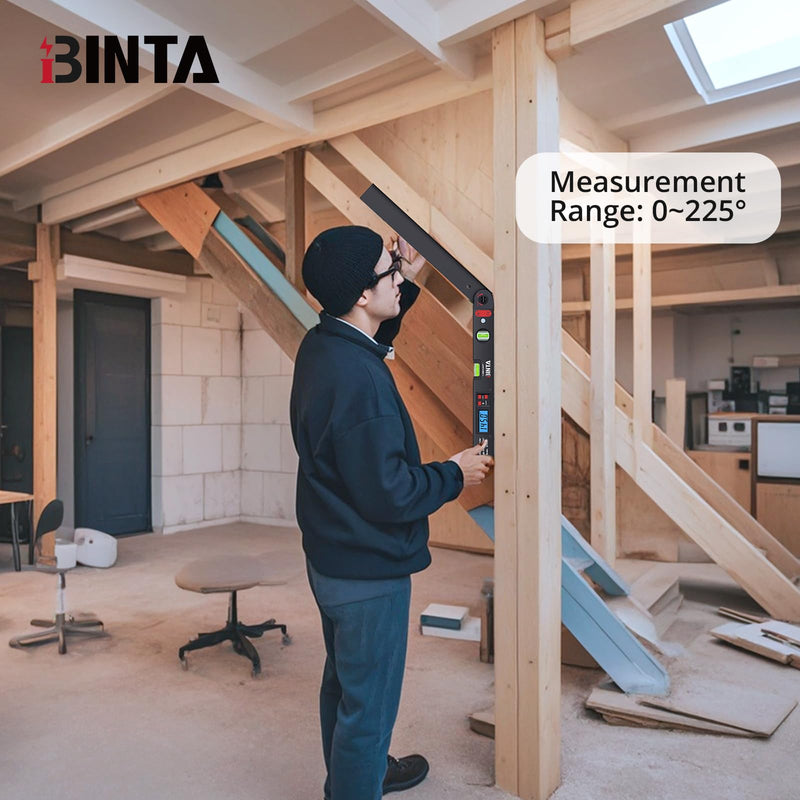 [Australia - AusPower] - BINTA Digital Angle Finder 0-225° Range, Aluminum Backlit LCD Digital Protractor with Horizontal/Vertical Dual Bubble Meter Storage Bag for Woodworking, Construction, Machinery, Home DIY (Black) Black 