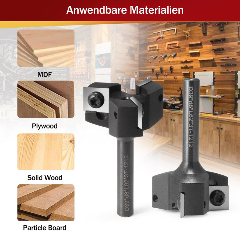 [Australia - AusPower] - Face Milling Cutter 8 mm Shank 3 Flutes with 10 Interchangeable Carbide Blades (12 x 12 x 1.5 mm) for Wood Diameter 39 mm, Professional Face Milling Cutter for Routers and CNC Machines (D=39 S=8) S=8,D=39 
