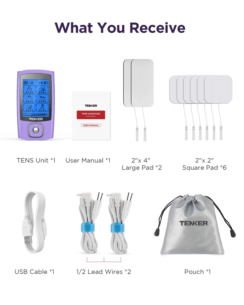 [Australia - AusPower] - TENKER TENS Unit Muscle Stimulator, 24 Modes TENS EMS Machine for Pain Relief Therapy/Pain Management, Rechargeable Electronic Pulse Massager with 2"x2" and 2"x4" TENS Unit Electrode Pads A-purple 