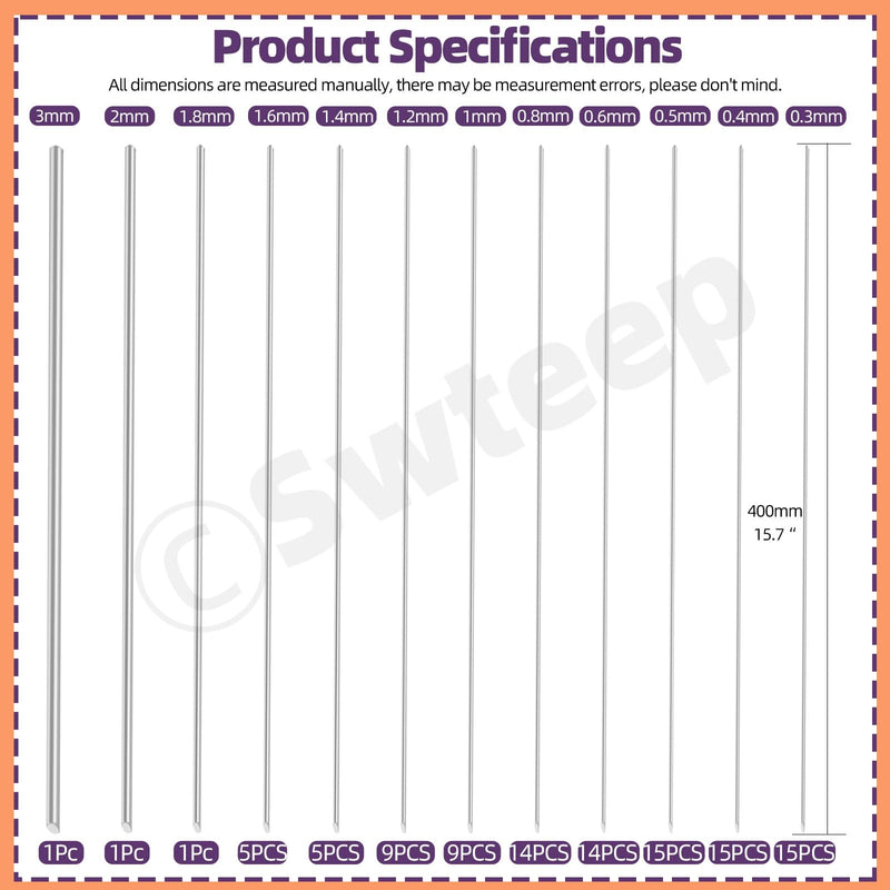 Swpeet 104Pcs 12 Sizes 0.3 mm, 0.4 mm, 0.5 mm, 0.6 mm, 0.8 mm, 1 mm, 1.2 mm, 1.4 mm, 1.6 mm, 1.8 mm, 2 mm, 3 mm 40cm-16" Length Stainless Steel Rods Sets