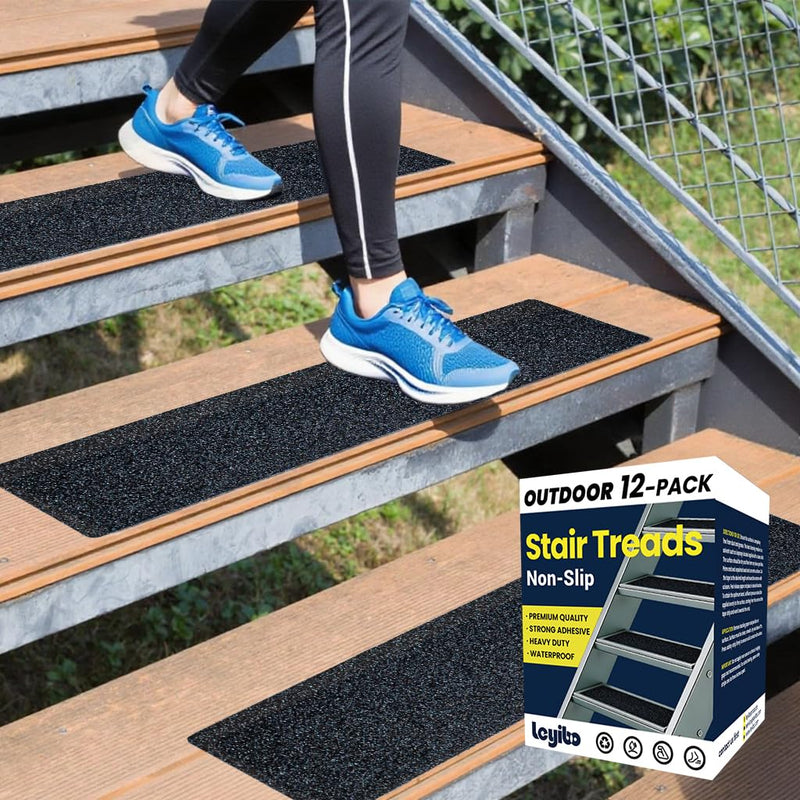 6" x 30" Anti Slip Traction Treads Tape (12-Pack), Pre-Cut Grip Tape for Stair Steps Outdoor, Waterproof Black Non Slip Stair Treads for Floor Safety, Easy to Install 6" x 30" 12
