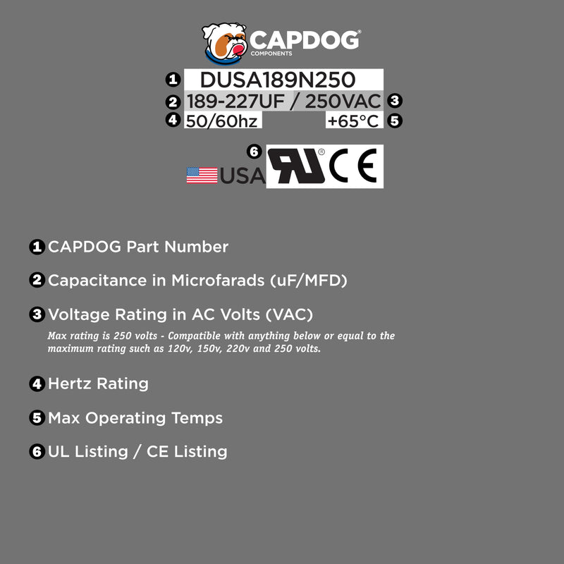 [Australia - AusPower] - Capdog USA Made 189-227uf MFD 110/125/250 VAC Motor Start Capacitor Replacement for 2MET7 44ZU52 11051 11951 CAP-189-250 and More 