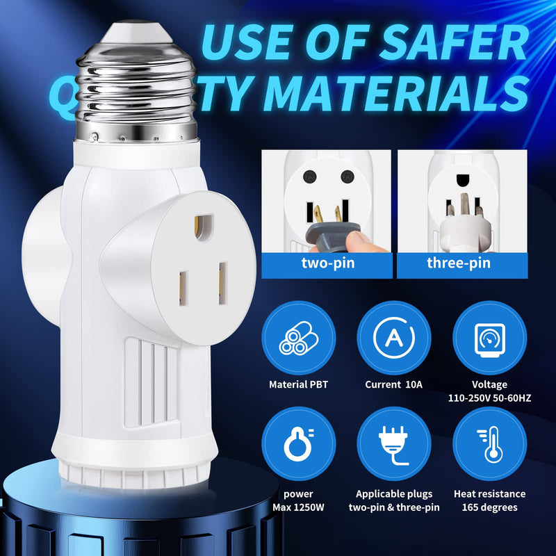 [Australia - AusPower] - E26 Light Socket to Plug Adapter - 2 Pack 2/3 Prong Light Socket Outlet - Light Bulb Plug Adapter, Polarized Light Socket Adapter Splitter Converter for Garage Porch (White) White 