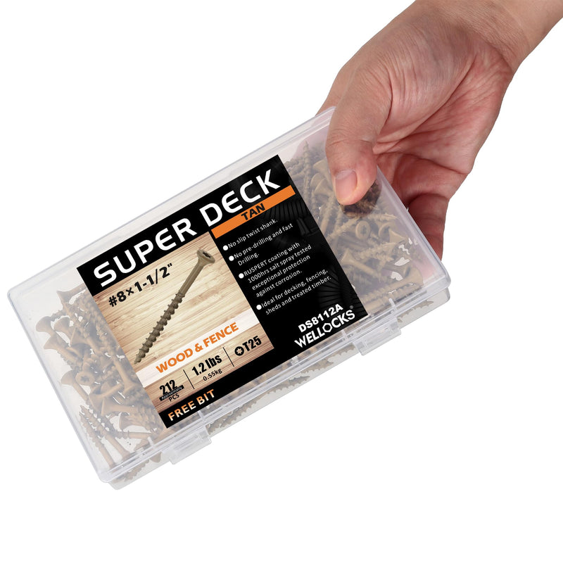 [Australia - AusPower] - WELLOCKS Deck Screws #8×1-1/2" 1.2LBS Box Approx 212 PCS Tan Color Torx Drive T25 Bit Included Above 1000 Hour Salt Spray Coating Wood Screws Excellent Rust Resistant for Outdoor Wood Fence(LXB8112A) #8×1-1/2" 1.2LBS Tan 