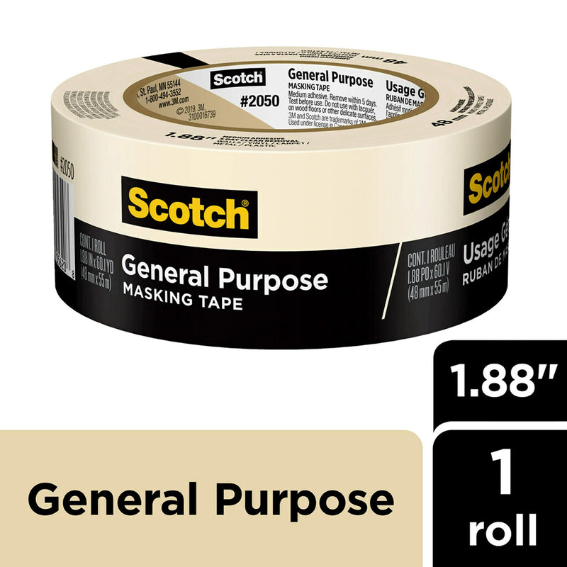 Scotch General Purpose Masking Tape, 1.88 in x 60.1 yd, Beige, Sticks for Up to 5 Days, Removes Easily Without Leaving Sticky Residue, Easy-to-Tear Masking Tape (2050-48MP)