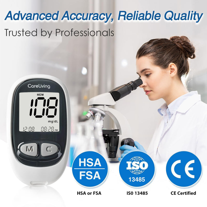 [Australia - AusPower] - CareLiving MM1100 Blood Glucose Monitor Kit with 100 Test Strips, 100 Lancets, 1 Blood Glucose Meter, 1 Lancing Device, Diabetes Testing Kit, Portable Blood Sugar Test Kit, Glucometer Kit for Home 