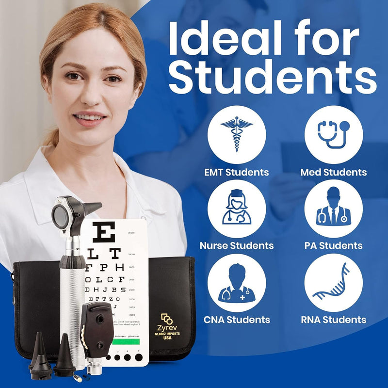 [Australia - AusPower] - Zyrev 2 in 1 Otoscope Oph Set - Perfect for Nursing & Medical Students with Carry Case, Sight Chart & Replacement Ear Speculums 