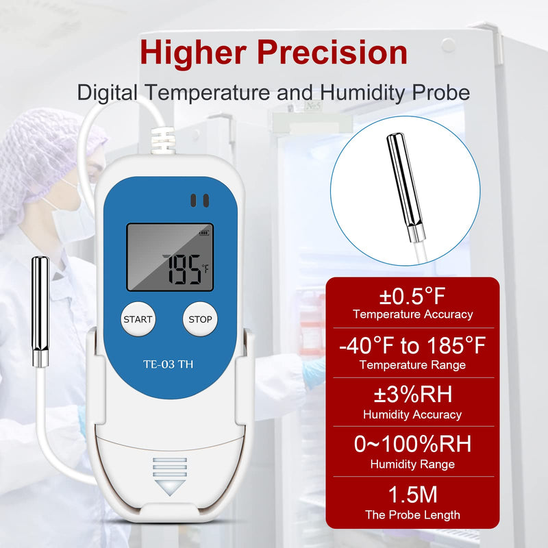 TE-03 TH Temperature Humidity Data Logger with High Precision Digital Probe, Accuracy up to ±0.3°C, Auto PDF&CSV Reports, LED Warning Light TE-03 TH 1