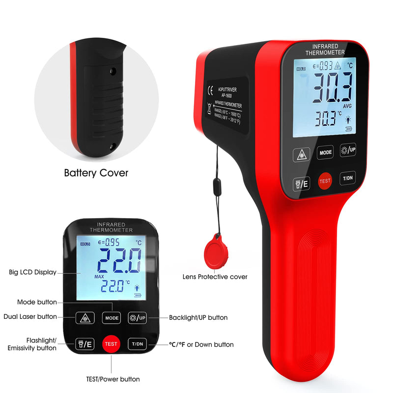 [Australia - AusPower] - AP-1600 Pyrometer Waterproof, Rechargeable Pyrometer-58℉~2912℉ High Temp Thermometer Gun with DS=30:1, IR Thermometer with Adjustable Emissivity, Backlight for HVAC Forge AP-1600(Touchscreen IR Thermometer) 