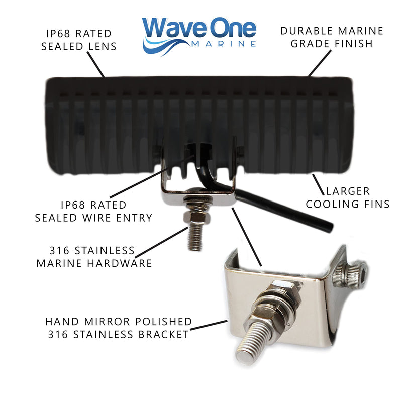 Wave One Marine | Hi-Lumen LED Spreader Light | IP68 Waterproof Boat Deck Flood Beam | Bright 2000+ Lumen Output for Night Fishing (Black Housing) Black Housing