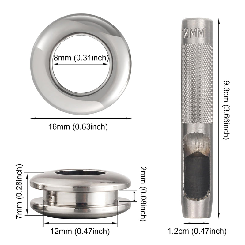 6 Sets Brass Grommets Kit Eyelets and Grommets 8mm Inside Hole Size with 12mm Leather Hole Punch Tool Handbag Purse Hardware Screw Grommets for Repair and Making Leather Crafts (Silver) Silver