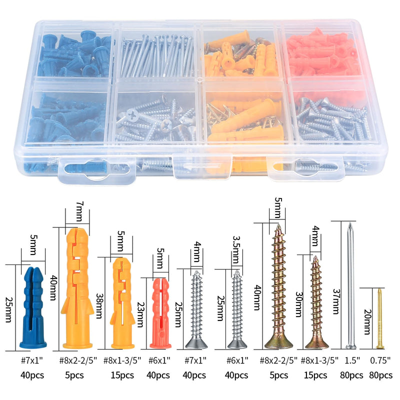 [Australia - AusPower] - 360 Pcs Drywall Wall Anchors and Screws and Nails Kits, Chipboard Wall Fish Type Wall Plugs, Plasterboard Mount Flat Head Self Tapping Fixings Wood Plugs and Screws and Nails 