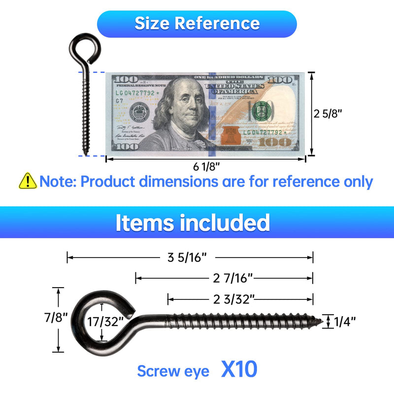 [Australia - AusPower] - Muzata 10Pack 3.3Inch M6 Black Screw Eye Hooks Stainless Steel Heavy Duty Screw for Wood Securing Cables Wire Terminal Ring Eyelet Stand Self Tapping Eye Bolt Indoor Outdoor CR18 10P 