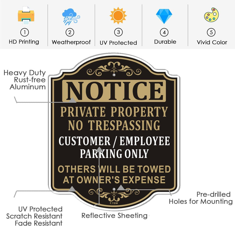 Notice Private Property No Trespassing Customer/Employee Parking Only Sign 12" x 10" With 35" Long Metal Stakes Visitors Guest With Stand Aluminum Business