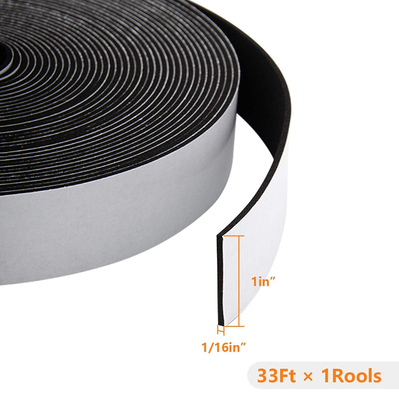 [Australia - AusPower] - Adhesive Foam Tape-1 Roll, 1 Inch Wide x 1/16 Inch Thick,1.5mm Close Cell Foam Rubber Weather Stripping Tape Seal for Doors Insulation, Total 33 Feet Long 1in * 1/16in *33FT 