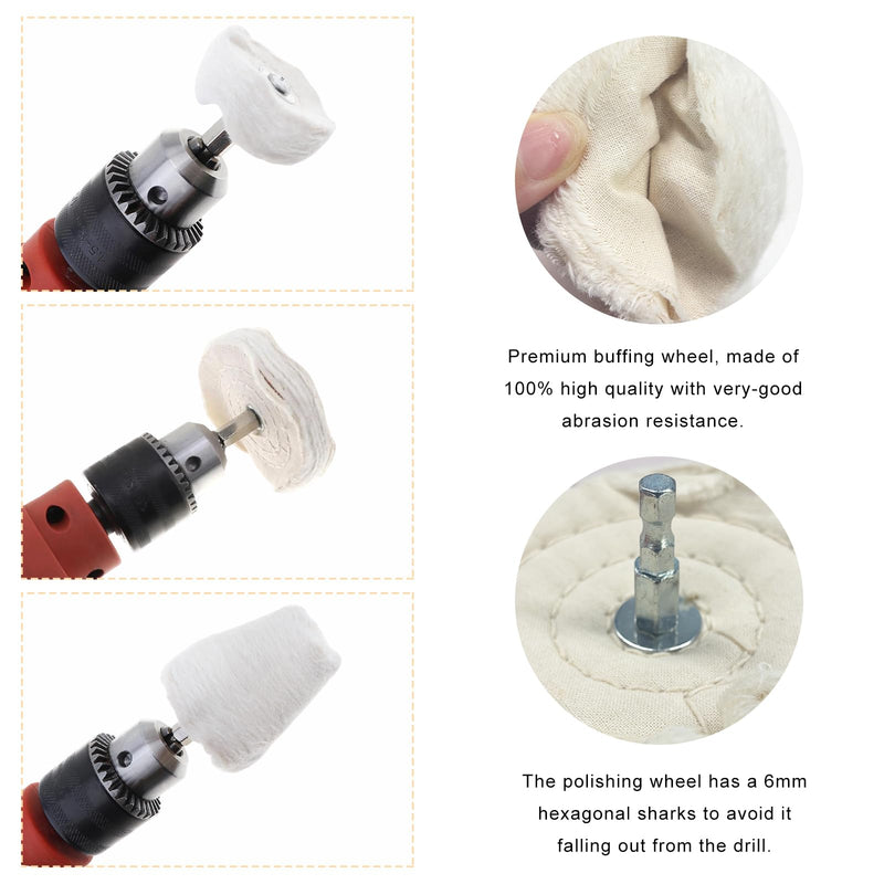 10PCS Buffing Wheel Kit for Drill, Cotton Polishing Pads with 1/4" Hex Shafts, Wheel Shaped Polishing Tool Buffing Pad for Aluminum Stainless Steel Chrome, Car Accessories