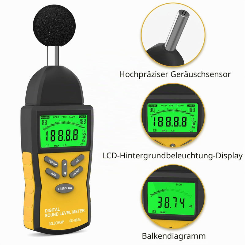 Decibel Meter, Sound Level Meter 882A Portable 30-130dB Noise Meter with 5-Digit LCD Display, DBA/DBC Rating, MAX/MIN, Data Hold, Quick/Slow Selection for Sound Quality Control Gc-882a