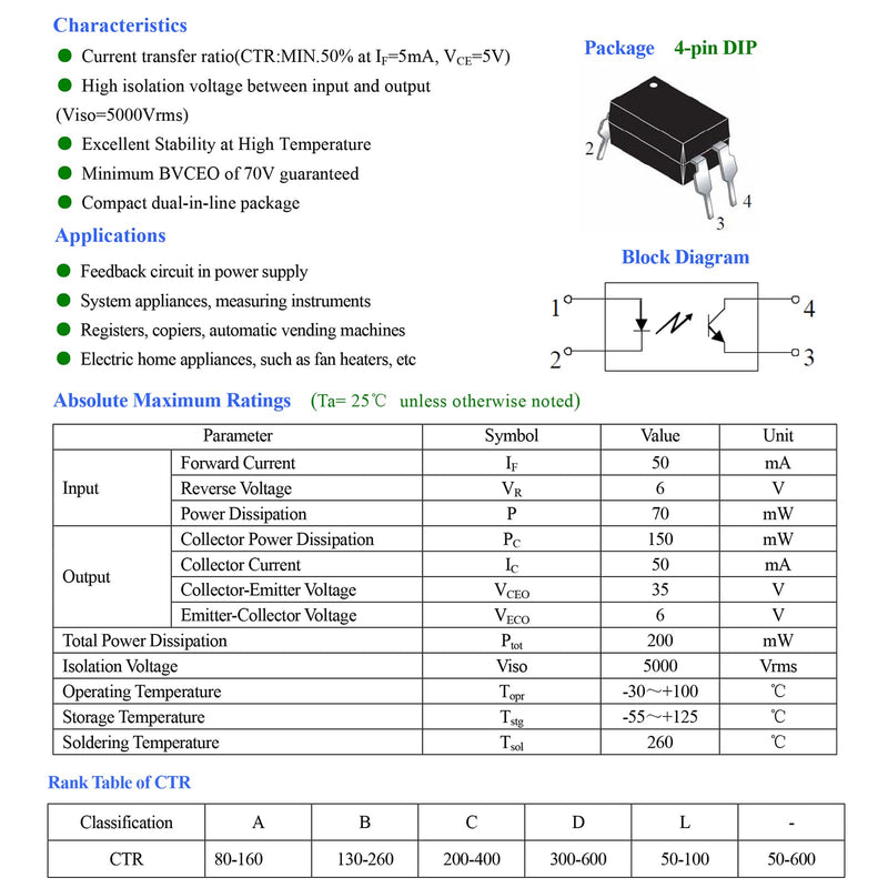[Australia - AusPower] - PC817 PC817C Transistor Output Optocoupler DIP-4 2.54mm Pitch for Arduino DIY (Pack of 50pcs) PC817 