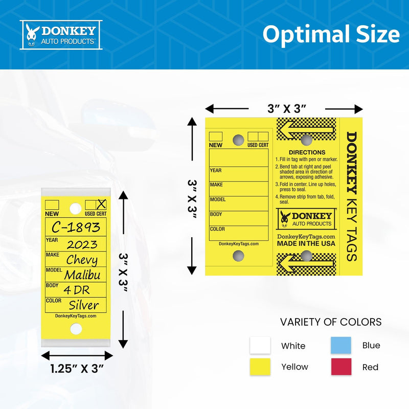 Donkey Key Tags, Laminated Self-Protecting (250 Tags Per Box with Metal Rings) (Yellow) Yellow