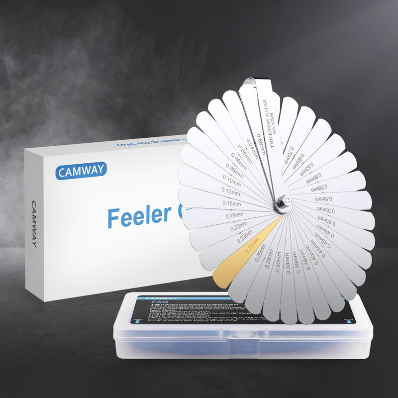 CAMWAY Stainless Feeler Gauge, 32 Blades Stainless Steel Blades High Precision Feeler Gauge Metric / Imperial Tool for Measuring Gap Width/Thickness/Metric Sizes, 0.04-0.88 mm 32 Klingen Fühlerlehren