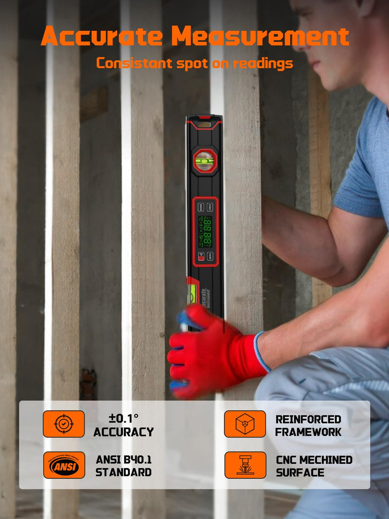 [Australia - AusPower] - Mecurate 16-Inch Digital Level, Portable Electronic Angle Finder with Backlit Display, ±0.1° Accuracy, Magnetic Base, 4 Measurement Units, Compact Torpedo Smart Level Tool for DIY & Professional Use Red 