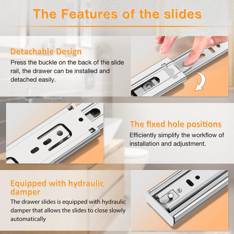 YENUO Stainless Steel Soft Close Drawer Slides Full Extension 10-24 Inch | Side Mount Heavy Duty Quiet Self Closing Cabinet Drawer Glides Rails 10–24 Inch for Kitchen Dresser Furniture Hardware 1Pair White-Stainless Soft Close 16 Inch 1