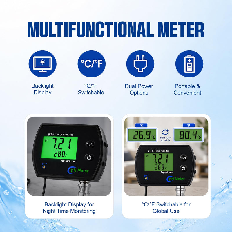 2 in 1 Temperature & pH Meter, High-Precision pH Tester, PH Monitor with Replaceable BNC Probe, 0.00~14.00pH Measurement Range, ATC, Backlit Display and °C/°F for Fish Tank, Hydroponics & Pools 2-in-1 Combo Monitor