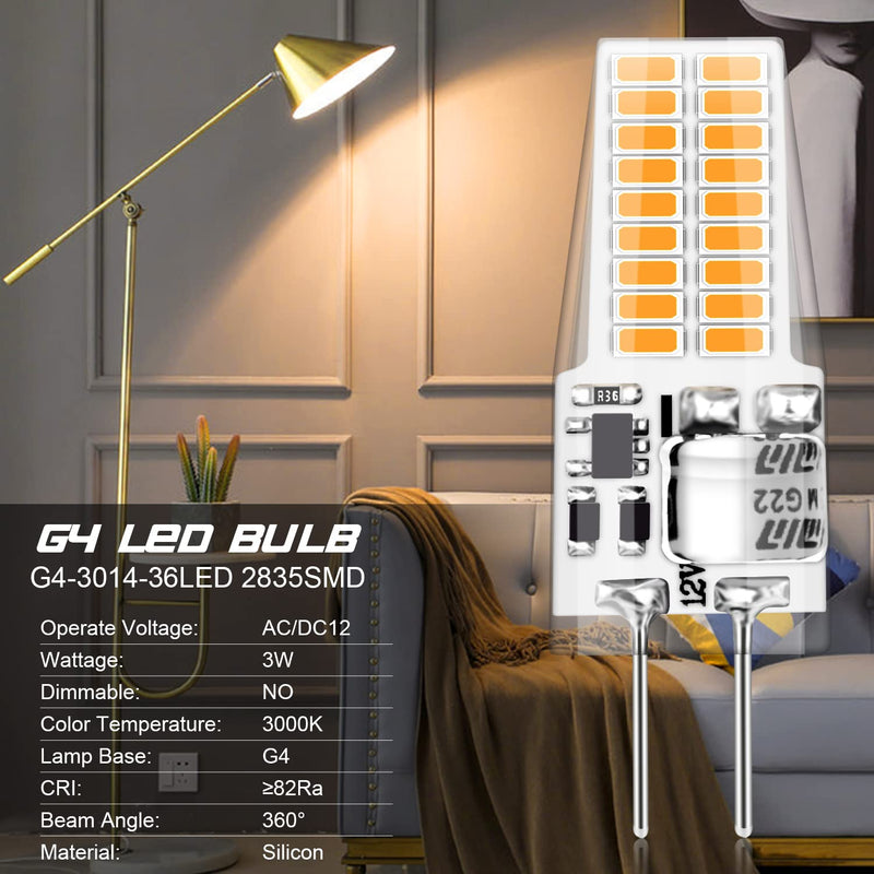 Auting G4 LED Bulbs G4 LED Bulbs 12 V AC/DC Not Dimmable | 3W G4 LED Bulbs 3000K Warm White, Replacement for 30W Halogen Bulbs, Energy Saving Bulb, 300LM LED Bulb, Pack of 6 Warm White-6 Pieces