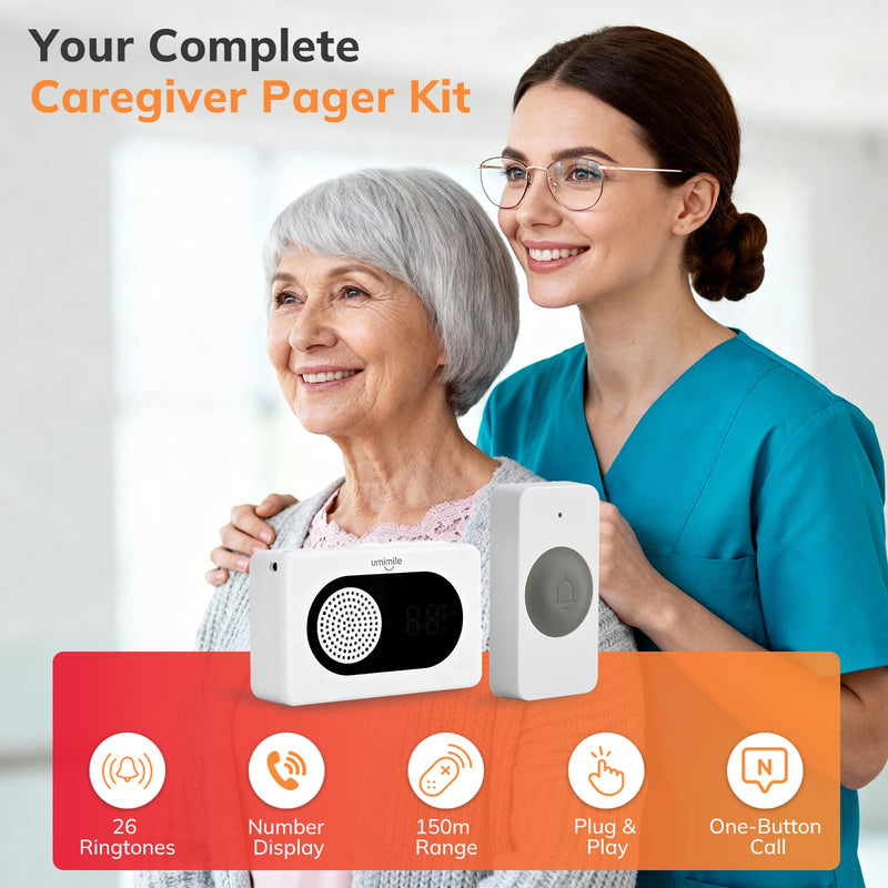 Umimile Caregiver Pager Wireless Call Button for Home, Nurse Alert with LED Display & Voice, 6 Buttons, 150m/500ft Range, 26 Ringtones, for Elderly Patient, Senior Care, Clinic & Nursing Home, White