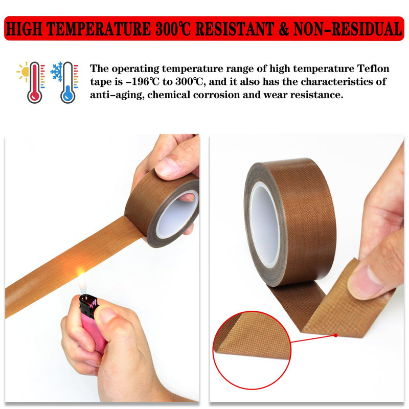 High-Temperature Teflon Fabric Tape, 2 Inch×33 Feet PTFE Tape for Vacuum Sealer Machine, Hand Impulse Sealers Insulation PTFE Coated Fiberglass Adhesive Tape Waterproof, Heat Resistant, Durable 2"×10M×1ROLL